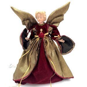 Christmas Angel Tree Topper with Burgundy Velvet Dress and Gold Accents Works 12